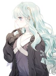  absurdres bangs black_jacket blue_eyes blue_hair closed_mouth collarbone commentary_request eyebrows_visible_through_hair female girls_frontline hair_between_eyes highres jacket long_hair long_sleeves looking_away open_clothes open_jacket profile purple_shirt rang_ji7 ribeyrolles_1918_(girls_frontline) shirt sleeves_past_fingers sleeves_past_wrists solo upper_body very_long_hair white_background 