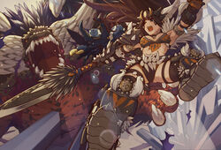  action armor armored_boots armpits battle bikini blue_eyes boots breasts brown_hair bug commentary crystal dragon fake_horns falling female helmet holstered horned_headwear horned_helmet horns insect_glaive kanrinin_(gyfp4747) knife knife_sheath long_hair medium_breasts midriff monster monster_hunter:_world monster_hunter_(character) monster_hunter_(series) monster_hunter_world:_iceborne nergigante nergigante_(armor) open_mouth polearm sheath shoulder_armor spear spikes swimsuit thigh_strap thighhighs weapon 