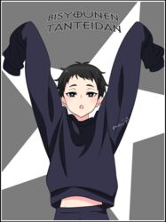  1boy artist_name bishounen_series black_border black_hair border commentary_request copyright_name grey_background groin heart heart-shaped_pupils highres looking_at_viewer male_focus mari_(marimaripink) open_mouth short_hair simple_background sleeves_past_wrists solo star_(symbol) sweater symbol-shaped_pupils very_short_hair yubiwa_sousaku 