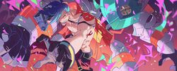  1boy asymmetrical_hair blue_eyes blue_hair cape commentary_request felicia_chen fire galo_thymos gloves highres male_focus matoi mecha pectorals promare purple_fire robot sidecut solo spiked_hair topless_male undercut 