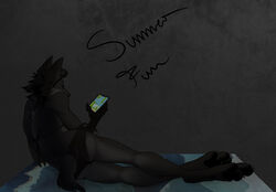  anthro ash_(character) ass bikini black_bikini black_body black_clothing black_fur black_nose black_swimwear black_tail canid canine canis clothing colored crowsfire dark electronics eyewear eyewear_on_head female flappy_bird fur grey_background hi_res mammal phone simple_background skinny summer sunglasses sunglasses_on_head swimwear tail wolf 