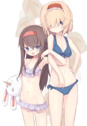  2girls algodoo alice_margatroid arrow_(symbol) bikini blue_bikini blue_eyes breasts brown_hair cleavage closed_mouth commentary_request cookie_(touhou) cowboy_shot food-themed_hair_ornament frilled_bikini frilled_hairband frills hair_between_eyes hair_ornament hair_over_eyes hairband highres holding holding_stuffed_toy ichigo_(cookie) jigen_(cookie) long_hair looking_at_viewer medium_breasts midriff miyako_(naotsugu) multiple_girls navel open_mouth purple_bikini red_hairband short_hair simple_background small_breasts strawberry_hair_ornament stuffed_animal stuffed_rabbit stuffed_toy swimsuit touhou white_background 