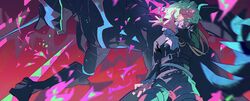  1boy armor ascot commentary_request dual_persona felicia_chen fire gloves green_hair hair_over_one_eye half_gloves highres lio_fotia mad_burnish male_focus pink_fire promare purple_eyes purple_fire pyrokinesis sword triangle weapon 