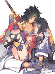  1boy asymmetrical_gloves bad_id bad_pixiv_id bandaged_arm bandages black_hair black_shorts black_thighhighs blush breasts brown_eyes cleavage closed_mouth collarbone couple facial_mark female folks_(nabokof) gloves hair_over_one_eye holding_hands long_hair looking_at_another low-tied_long_hair medium_breasts micro_shorts profile purple_gloves purple_legwear rokurou_rangetsu shorts simple_background single_glove sitting sitting_on_lap sitting_on_person smile straight sword tabi tales_of_(series) tales_of_berseria thighhighs torn_clothes torn_legwear uneven_gloves velvet_crowe very_long_hair weapon weapon_on_back white_background yellow_eyes 