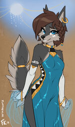  1920s 2019 5_fingers accessory alternative_fashion anthro arm_markings armwear bare_shoulders black_nose blue_eyes bracelet braided_hair breasts bridal_gauntlets brown_hair canid canine canis cheek_markings clothed clothing conditional_dnp countershading digital_media_(artwork) dress ear_piercing ear_ring facial_markings female fingers flapper fluff-kevlar fur furgonomics grey_body grey_fur hair halterneck head_markings humanoid_hands jewelry looking_at_viewer mammal markings piercing portrait ring_piercing signature slim slit_dress small_breasts smile solo tail tail_accessory tailband tala_(fluff-kevlar) three-quarter_portrait tribal tribal_markings white_markings wolf 