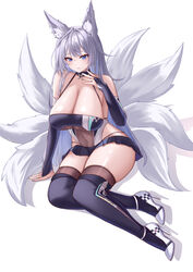  absurdres animal_ear_fluff animal_ears azur_lane blue_eyes breasts bridal_gauntlets brown_thighhighs checkered_footwear covered_navel female fox_ears fox_girl fox_tail grey_hair heart high_heels highres huge_breasts kaijiba kitsune multiple_tails official_alternate_costume race_queen see-through shinano_(azur_lane) shinano_(moonlit_chrome)_(azur_lane) skirt solo tail thighhighs underboob white_footwear 