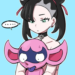  ... asymmetrical_bangs black_choker black_hair blue_background choker closed_mouth collarbone commentary_request earrings eyelashes female green_eyes hair_ribbon impidimp jewelry korean_commentary looking_down marnie_(pokemon) nutkingcall outline pokemon pokemon_(creature) pokemon_swsh protected_link red_ribbon ribbon shared_speech_bubble simple_background speech_bubble spoken_ellipsis twintails 