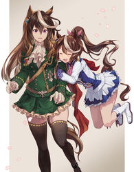  2girls :d animal_ears ascot bad_id bad_pixiv_id black_thighhighs boots breasts brown_hair closed_eyes commentary_request feet_out_of_frame frilled_skirt frills full_body gloves green_jacket green_skirt hair_between_eyes highres holding_another&#039;s_arm horse_ears horse_girl horse_tail jacket jumping long_hair looking_at_another medium_breasts miniskirt multicolored_hair multiple_girls open_mouth petals pink_ascot pleated_skirt ponytail purple_eyes skirt smile standing streaked_hair symboli_rudolf_(umamusume) tail thighhighs tokai_teio_(umamusume) umamusume white_ascot white_footwear white_gloves white_hair white_jacket white_skirt yue_(lov_n_n) 