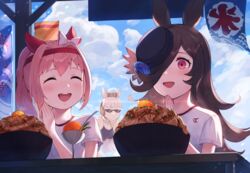  3girls :d ^_^ absurdres animal_ears bare_shoulders black_hair black_headwear black_one-piece_swimsuit blue_flower blue_rose blue_sky blush bow bowl breasts brown_headwear closed_eyes cloud cloudy_sky collarbone commentary_request day ear_bow eyebrows_hidden_by_hair flower food glint gold_ship_(umamusume) gym_shirt hair_over_one_eye hairband hands_up haru_urara_(umamusume) hat hat_flower highres horse_ears horse_girl kooribata medium_breasts mini_hat multiple_girls one-piece_swimsuit open_mouth outdoors palms_together pink_hair ponytail red_eyes red_hairband rice_shower_(umamusume) rose shibainu shirt short_sleeves sky smile sunglasses swimsuit teeth tilted_headwear umamusume upper_body upper_teeth_only white_bow white_shirt 