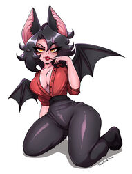  animal_ears bat_girl bat_wings black_hair black_pants breasts cleavage female hand_to_own_mouth kneeling medium_hair original pants red_shirt shirt simple_background twistingtoxic watermark white_background wings yellow_eyes 