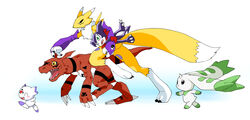  2021 anthro armwear bandai_namco calumon canid carrying_another carrying_partner claws clothing digimon digimon_(species) female fur group guilmon hi_res impmon long_ears male mammal open_mouth open_smile renamon running scalie simple_background smile teeth terriermon yuriyuri_(ccc) 