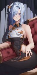  absurdres ass bare_shoulders blue_hair blush bodysuit breast_curtain breasts chair closed_mouth covered_navel female genshin_impact gold_trim grey_eyes hair_ornament hair_over_one_eye highres hip_vent large_breasts leaning_to_the_side light_blue_hair long_hair looking_at_viewer purple_eyes shenhe_(genshin_impact) sitting solo starblue thighs 