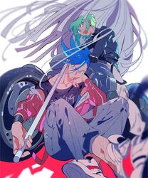  2boys ascot asymmetrical_hair blue_eyes blue_hair casual commentary_request felicia_chen galo_thymos green_hair head_rest indian_style jacket leather leather_jacket lio_fotia male_focus matoi motor_vehicle motorcycle multiple_boys promare purple_eyes red_jacket shoes sidecut sitting sneakers undercut 