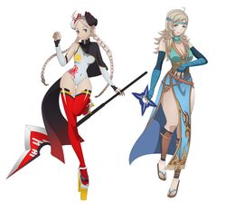  2girls absurdres ahoge alternate_costume blonde_hair braid breasts commission commissioner_upload cosplay fire_emblem fire_emblem_fates fire_emblem_heroes fox_mask grey_eyes grey_hair hairband highres holding holding_weapon laevatein_(fire_emblem) laevatein_(fire_emblem)_(cosplay) laevatein_(ninja)_(fire_emblem) looking_at_viewer lyn_(fire_emblem) lyn_(fire_emblem)_(cosplay) lyn_(ninja)_(fire_emblem) mask multiple_girls nina_(fire_emblem) ophelia_(fire_emblem) sandals thighhighs twin_braids weapon yang_(yangartworks) 