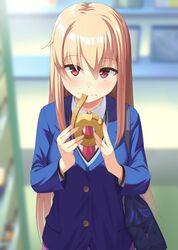  bag baumkuchen blazer blonde_hair blurry blurry_background blush breasts cake eating fagi_(kakikaki) female food hair_between_eyes holding holding_food jacket long_hair looking_at_viewer medium_breasts necktie outdoors red_eyes red_necktie sakura-sou_no_pet_na_kanojo school_uniform shiina_mashiro shoulder_bag solo standing upper_body 