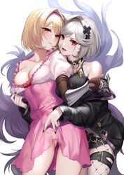  2girls :d aki663 alter_ego_malevolent_(granblue_fantasy) ass_visible_through_thighs bare_shoulders black_jacket black_nails black_skirt blonde_hair blouse blush brown_eyes choker clothes_pull collarbone dark_persona djeeta_(granblue_fantasy) doppelganger dress dual_persona duplicate eyes_visible_through_hair fighter_(granblue_fantasy) fishnet_pantyhose fishnets gauntlets granblue_fantasy hair_intakes hair_ornament hairband highres jacket lipstick makeup multiple_girls open_mouth pantyhose pink_dress pixel-perfect_duplicate red_eyes shirt shirt_pull simple_background skirt smile thigh_strap white_background white_hair x_hair_ornament 