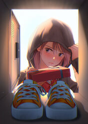  absurdres blush bow box brown_hair closed_mouth earrings embarrassed female gift gift_box grey_eyes highres hood hoodie hoodie_tug jewelry locker looking_to_the_side macaronk original pink_lips red_bow shoe_locker_pov shoes sneakers valentine 