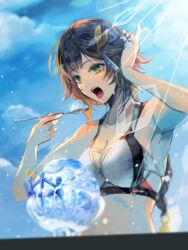  armpits bad_id bad_pixiv_id bikini bikini_top_only blue_sky blurry blurry_foreground breasts brown_hair cleavage cloud collarbone day eating female food granblue_fantasy green_eyes hair_ornament hand_in_own_hair highres holding holding_spoon leona_(granblue_fantasy) medium_breasts open_mouth outdoors pos_(shiratama-ya) shaved_ice short_hair sky solo spoon summer sunlight swimsuit white_bikini 