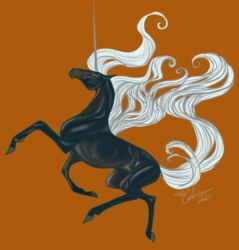  2022 alisian ambiguous_gender black_body calima digital_media_(artwork) equid equine female_(lore) feral hair hi_res hooves horn mammal mane mythological_creature mythological_equine mythology orange_background orange_eyes simple_background solo tail unicorn white_hair white_mane white_tail 