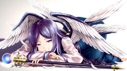  1other all_fours angel_wings aura bad_id bad_pixiv_id barefoot blue_dress blue_eyes commentary dress face_down feathered_wings feathers fingernails gradient_eyes highres kamiya_ueshi layered_clothes long_hair long_sleeves looking_at_viewer multicolored_eyes multiple_wings orb purple_eyes purple_hair sariel_(touhou) scepter seraph shirt simple_background sleeveless sleeveless_dress smile solo toes touhou touhou_(pc-98) very_long_hair white_background white_hair white_shirt white_wings wings 