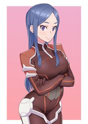  arms_under_breasts blue_hair bodysuit breasts chobi_kuma commentary_request crossed_arms elbow_gloves female gloves hannah_melville highres large_breasts long_hair looking_at_viewer purple_eyes skin_tight zoids zoids_wild zoids_wild_zero 