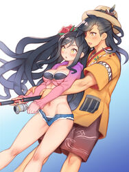  1boy bad_id bad_pixiv_id bikini black_bikini black_bow black_hair blue_background blue_shorts blush bow breasts brown_eyes brown_headwear brown_shorts cleavage couple denim denim_shorts female fishing fishing_rod floating_hair flower folks_(nabokof) gradient_background groin hair_flower hair_ornament hat hat_bow heterochromia holding holding_fishing_rod long_hair medium_breasts micro_shorts navel official_alternate_costume open_clothes open_mouth open_shorts orange_shirt pink_shirt print_shorts red_eyes red_flower rokurou_rangetsu rokurou_rangetsu_(summer_swimwear) shirt short_sleeves shorts slit_pupils straight swimsuit tales_of_(series) tales_of_berseria tied_shirt velvet_crowe velvet_crowe_(summer_swimwear) very_long_hair white_background yellow_eyes 