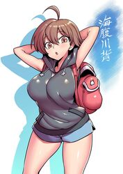  ahoge backpack bag breasts brown_eyes brown_hair character_name commentary female large_breasts looking_at_viewer open_mouth shirt short_hair shorts solo translated tukiwani umihara_kawase umihara_kawase_(character) 