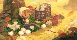  animal_crossing autumn autumn_leaves basket boar bug commentary daisy_mae_(animal_crossing) dragonfly female food from_above fruit furry furry_female ginkgo_leaf grass head_scarf highres leaf moss mushroom on_grass outdoors persimmon rock saino_misaki sitting snot solo symbol-only_commentary tree turnip 