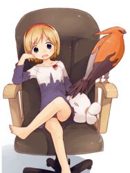  :d alice_margatroid alternate_costume bad_id bad_twitter_id barefoot bird blonde_hair blue_shirt blue_shorts blush border chair commentary_request cookie_(touhou) crossed_legs crossover female foot_out_of_frame hairband head_rest highres inactive_account looking_at_viewer miyako_(naotsugu) oerba_yun_fang office_chair open_mouth pokemon pokemon_(creature) red_hairband shirt short_hair shorts simple_background sitting smile stuffed_animal stuffed_rabbit stuffed_toy swivel_chair taisa_(cookie) talonflame touhou transparent_border white_background 