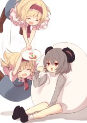  2girls alice_margatroid animal_ears black_footwear blonde_hair blue_dress boots brown_footwear capelet commentary_request cookie_(touhou) dress egg_costume fanning frilled_capelet frilled_hairband frills full_body grey_hair hair_between_eyes hairband hakurei_reimu hand_fan highres holding holding_fan ichigo_(cookie) long_sleeves looking_at_another miyako_(naotsugu) motion_lines mouse_ears multiple_girls nazrin nyon_(cookie) open_mouth red_eyes red_hairband ru_(cookie) shoes short_hair simple_background touhou white_background white_capelet you&#039;re_doing_it_wrong 