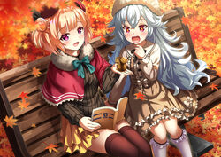  +_+ 2girls :d animal autumn_leaves azur_lane bench beret black_bow black_ribbon black_sweater blonde_hair blue_bow blurry blurry_foreground blush book bow brown_dress brown_thighhighs capelet collared_dress commentary_request depth_of_field dress frilled_dress frilled_legwear frills fur-trimmed_capelet fur_hat fur_trim grey_hair hair_between_eyes hair_ribbon hand_up hat highres holding holding_animal kasaran kneehighs layered_skirt leaf leipzig_(azur_lane) long_hair long_sleeves maple_leaf multiple_girls on_bench open_book open_mouth park_bench pleated_skirt purple_eyes red_capelet red_eyes red_headwear ribbed_sweater ribbon short_hair sitting skirt smile socks squirrel sweater teeth thighhighs upper_teeth_only very_long_hair white_headwear white_socks yellow_skirt zeppy_(azur_lane) 