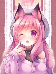  ;o animal_ears animare bat_ears bat_ornament female hair_ornament hat highres long_hair looking_at_viewer nanashi_inc. one_eye_closed open_mouth pink_hair purple_eyes solo umori_hinako upper_body usaba_(usabara_c) virtual_youtuber 