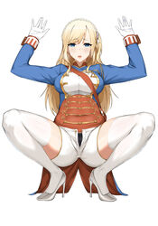  absurdres bad_id bad_pixiv_id black_panties blonde_hair blue_eyes blue_jacket braid breasts commission crown_braid dawalixi female gloves high_heels highres jacket long_hair long_sleeves medium_breasts open_clothes open_shorts panties richelieu_(warship_girls_r) short_shorts shorts solo spread_legs squatting thighhighs underwear very_long_hair warship_girls_r white_footwear white_gloves white_shorts white_thighhighs 