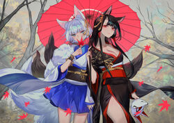  2girls akagi_(azur_lane) akagi_(plum_and_snow)_(azur_lane) animal_ears autumn_leaves azur_lane black_hair blue_eyes blunt_bangs breasts cleavage commentary_request fox_ears fox_mask fox_tail highres japanese_clothes jewelry kaga_(azur_lane) kaga_(white_fox&#039;s_new_year)_(azur_lane) kimono large_breasts long_hair looking_at_viewer mask multiple_girls multiple_tails necklace obi official_alternate_costume ojyou outdoors overcast pleated_skirt red_eyes sash short_hair skirt sky smile standing tail tree unworn_mask white_hair wind 