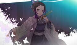  belt black_hair breasts bug butterfly butterfly_hair_ornament commentary_request demon_slayer_uniform female hair_ornament haori harukagi japanese_clothes katana kimetsu_no_yaiba kochou_shinobu long_sleeves looking_at_viewer medium_breasts multicolored_hair parted_bangs purple_eyes purple_hair short_hair smile solo sword uniform weapon white_butterfly wide_sleeves 