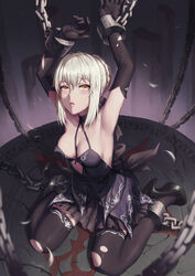  armpits arms_up artoria_pendragon_(fate) black_dress black_footwear black_gloves black_thighhighs blonde_hair blush bound bound_wrists breasts chains cleavage commentary dress drooling elbow_gloves fate/stay_night fate_(series) female gloves hair_between_eyes heart highres looking_at_viewer mool_yueguang open_mouth photoshop_(medium) saber_alter sitting sleeveless sleeveless_dress solo tears thighhighs torn_clothes torn_thighhighs wariza yellow_eyes 