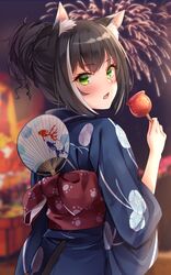  animal_ear_fluff animal_ears black_hair blurry blurry_background blush candy_apple cat_ears cat_girl commentary female firework_background floral_print food green_eyes hand_fan highres holding holding_food japanese_clothes karyl_(princess_connect!) kimono looking_back marisasu_(marisa0904) multicolored_hair obi open_mouth paper_fan princess_connect! sash solo streaked_hair symbol-only_commentary uchiwa updo white_hair yukata 