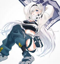  :o animal_ears arknights arms_up aurora_(arknights) bear_ears black_hairband black_shirt blue_eyes blue_pants blush boots breasts commentary crop_top cropped_jacket ert_raitsui eyes_visible_through_hair female grey_background hair_over_one_eye hairband highres hip_vent infection_monitor_(arknights) jacket large_breasts long_hair long_sleeves looking_at_viewer midriff pants parted_lips pouch shield shirt simple_background solo symbol-only_commentary very_long_hair white_hair white_jacket 