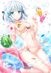  aqua_eyes bikini blue_hair braid butterfly_hair_ornament cherry closed_mouth collarbone commentary_request cup damselfish female fish flower food frills fruit hair_between_eyes hair_ornament hair_ribbon halterneck highres innertube kyariko md5_mismatch navel orange_bikini original outstretched_hand petals ribbon short_hair side-tie_bikini_bottom solo sunflower swim_ring swimsuit tropical_fish water watermelon 