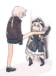  2girls boots cape foot_kabedon girls&#039;_frontline gloves height_difference kabedon kar98k_(girls&#039;_frontline) long_legs m200_(girls&#039;_frontline) military military_uniform multiple_girls ponytail purple_eyes red_eyes shoes skirt sneakers standing standing_on_one_leg trembling uniform vento white_hair 