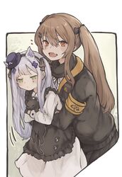  2girls 404_logo_(girls&#039;_frontline) absurdres aged_down animal_ears armband cat_ears feline girls&#039;_frontline happy hat highres hk416_(black_kitty&#039;s_gift)_(girls&#039;_frontline) hk416_(girls&#039;_frontline) hug hug_from_behind jacket kintsuba_(garapagosukkk) mini_hat multiple_girls official_alternate_costume scar scar_across_eye scar_on_face twintails ump9_(girls&#039;_frontline) yellow_armband 