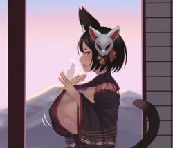  absurdres animal_ears azur_lane black_hair breasts cat_ears cat_girl cat_tail detached_sleeves female hand_fan highres hikimayu huge_breasts japanese_clothes jifuwabe kimono mask mask_on_head oerba_yun_fang red_eyes short_hair sideboob sideless_kimono skin_fang solo sunset sweat tail wide_sleeves yamashiro_(azur_lane) 