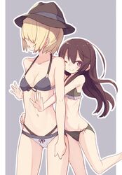  2girls alice_margatroid alternate_costume bad_id bad_twitter_id bikini blonde_hair blue_bikini blush breasts brown_hair brown_headwear closed_mouth commentary_request cookie_(touhou) cowboy_shot frilled_bikini frills green_bikini grey_background hair_between_eyes hair_over_eyes hat highres hug hug_from_behind ichigo_(cookie) inactive_account jigen_(cookie) long_hair looking_at_viewer looking_to_the_side miyako_(naotsugu) multiple_girls navel one_eye_closed open_mouth pillarboxed purple_eyes short_hair side-tie_bikini_bottom simple_background small_breasts smile swimsuit touhou 