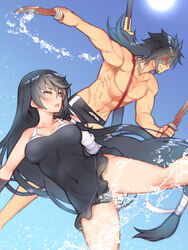  1boy bad_id bad_pixiv_id bandaged_arm bandages black_one-piece_swimsuit blue_sky breasts casual_one-piece_swimsuit cleavage closed_mouth collarbone covered_navel day dual_wielding eyes_visible_through_hair facial_mark female folks_(nabokof) hair_between_eyes hair_over_one_eye holding holding_sword holding_weapon long_hair low-tied_long_hair medium_breasts navel official_alternate_costume one-piece_swimsuit red_eyes rokurou_rangetsu rokurou_rangetsu_(swimwear) sky smile smug sun swimsuit sword tales_of_(series) tales_of_berseria velvet_crowe velvet_crowe_(swimwear) very_long_hair weapon weapon_on_back yellow_eyes 