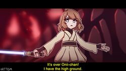  blue_eyes brown_hair cosplay energy_sword english_text fake_screenshot female highres holding holding_weapon idolmaster idolmaster_million_live! it&#039;s_over_anakin_i_have_the_high_ground_(meme) jedi kurotategami letterboxed lightsaber meme mustafar obi-wan_kenobi obi-wan_kenobi_(cosplay) parody robe scene_reference short_hair solo star_wars star_wars:_revenge_of_the_sith subtitled suou_momoko sword weapon 