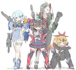  4girls absurdres aegis_gundam animal animalization black_hair blitz_gundam blonde_hair blue_eyes blue_hair buster_gundam drill_hair duel_gundam feline glasses green_eyes gundam gundam_seed highres holding holding_animal holding_cat humanization looking_at_viewer looking_down mecha_musume multiple_girls science_fiction strike_gundam twin_drills v-fin yazawa_owl 