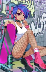  black_bra black_choker black_panties blue_hair blue_shorts bottle bra bracelet breasts choker crush_crush ear_piercing earrings female finger_to_mouth fishnets game_cg graffiti jewelry medium_breasts multicolored_hair nova_(crush_crush) panda_(crushcrushdx) panties piercing pink_bracelet pink_footwear red_eyes shirt short_hair shorts skate_park skateboard smile source_request spiked_bracelet spikes spray_bottle spray_can streaked_hair thighs two-tone_hair underwear white_shirt 