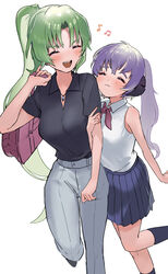  2girls :3 ^_^ absurdres bag black_shirt blue_skirt blush closed_eyes collared_shirt green_hair hanyuu high-waist_pants highres higurashi_no_naku_koro_ni holding holding_bag horns kneehighs locked_arms long_hair multiple_girls musical_note oici_ne open_mouth pants pink_ribbon pleated_skirt ponytail purple_hair ribbon shirt short_sleeves simple_background skirt sleeveless smile socks sonozaki_mion white_background white_pants white_shirt 