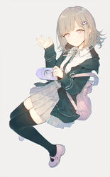  backpack bag black_jacket black_thighhighs blunt_bangs breasts brown_hair collared_shirt commentary_request danganronpa_(series) danganronpa_2:_goodbye_despair dress_shirt female flipped_hair full_body galaga green_thighhighs hair_ornament hand_up highres holding hood hood_down hooded_jacket jacket linfi-muu long_sleeves looking_at_viewer mary_janes medium_breasts medium_hair nanami_chiaki neck_ribbon open_clothes open_jacket pink_eyes pink_footwear pink_ribbon pleated_skirt ribbon shirt shirt_tucked_in shoes simple_background skirt smile solo thighhighs white_shirt zettai_ryouiki 