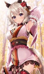  animal_ears arm_up armpits blush commentary_request curren_chan_(miss_sad_;_miss_beautiful)_(umamusume) curren_chan_(umamusume) detached_sleeves female fukuda_shuushi grey_hair hair_ornament highres horse_ears horse_girl horse_tail japanese_clothes kimono official_alternate_costume purple_eyes short_hair smile solo tail umamusume 